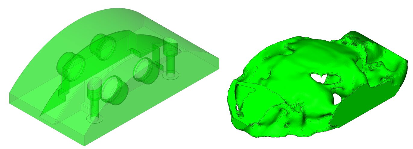 ブレーキキャリパーをトポロジー最適化することで、目標性能を満足する剛性を確保しながら軽量化を実施。