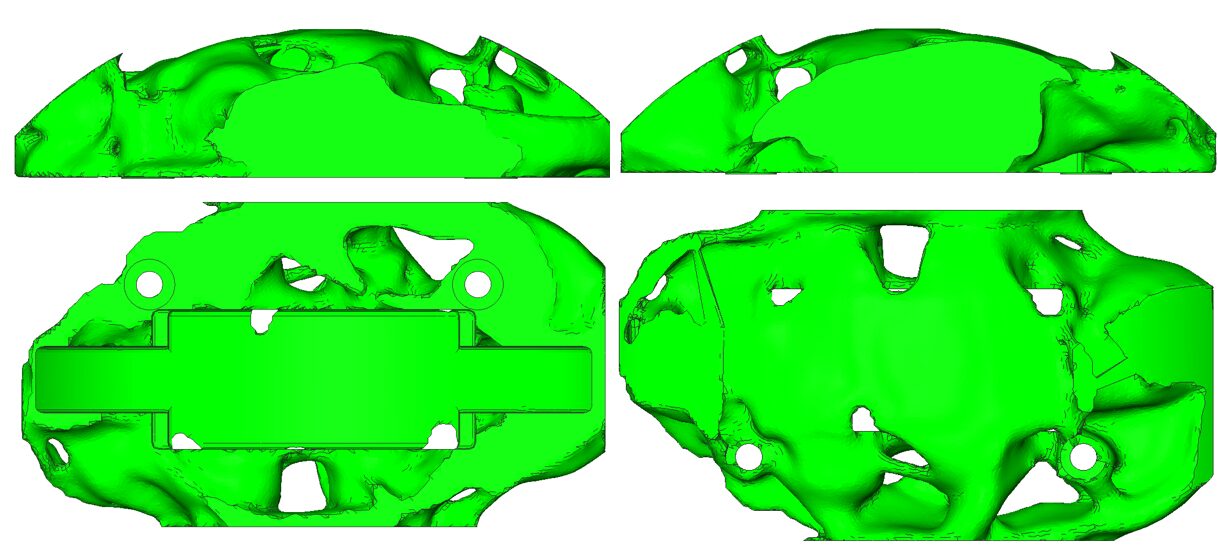 ブレーキキャリパーの開き方向の変形量、回転方向の変形量、各ピストンの相対変位を剛性最適化で求めた。