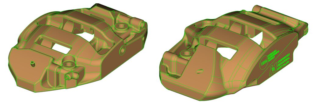 トポロジー最適化したブレーキキャリパーを、より従来品に近い形状に再解釈したCADデータ。