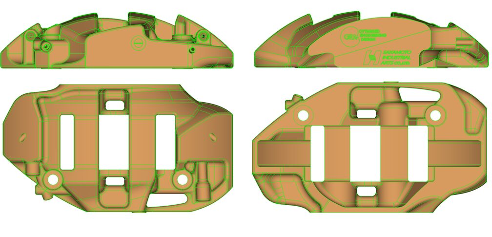 トポロジー最適化したブレーキキャリパーを、より従来品に近い形状に再解釈したCADデータ。