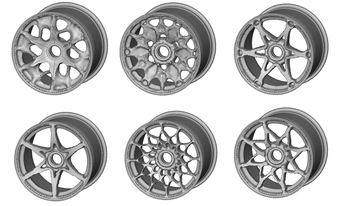 トポロジー最適化により設計されたホイールの形状案。無料で３Dデータ支給可能。ホイールの３Dデータフリー素材。