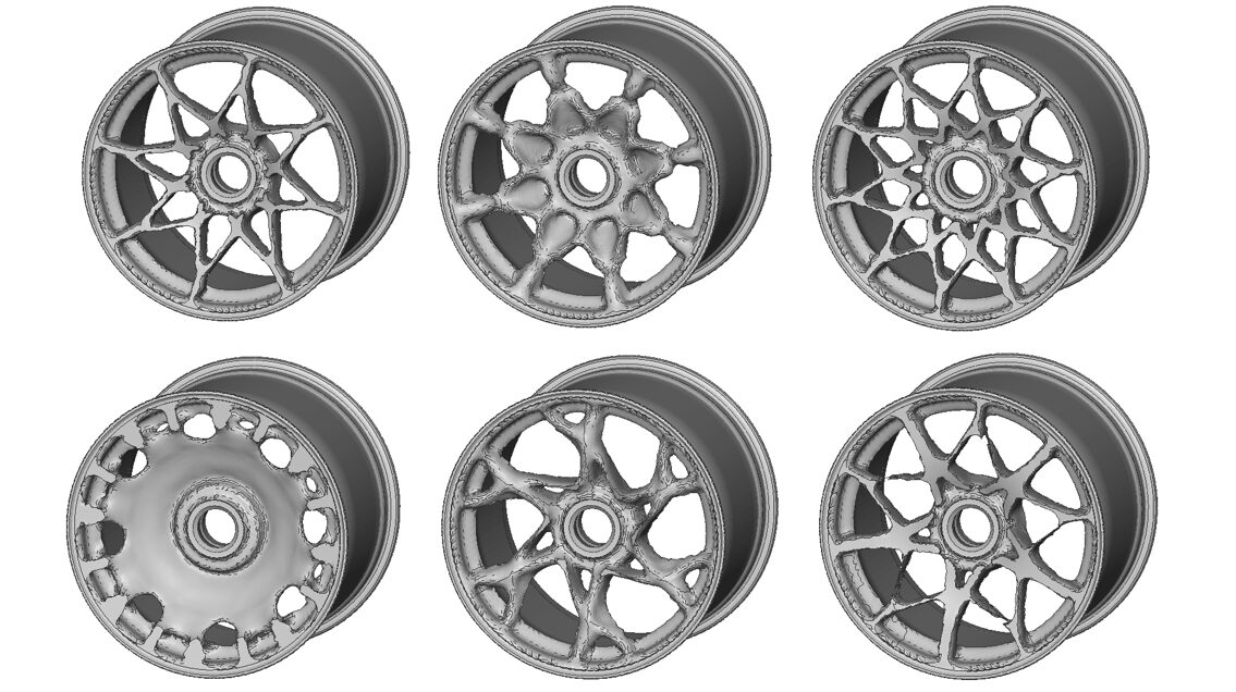 トポロジー最適化により設計されたホイールの形状案２。無料で３Dデータ支給可能。ホイールの３Dデータフリー素材。