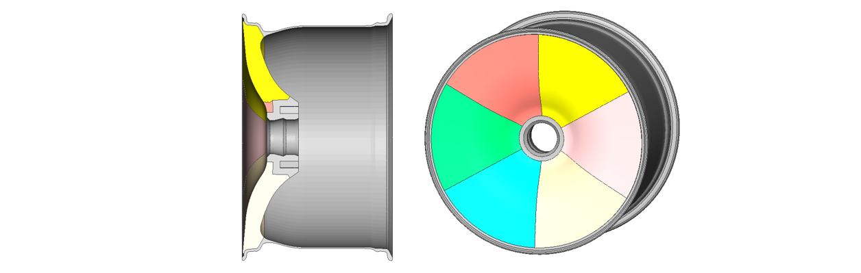 図１：ホイールのトポロジー最適化設計空間。あらかじめ分割しておくことで形状の制約条件を設定しやすくすることができる。