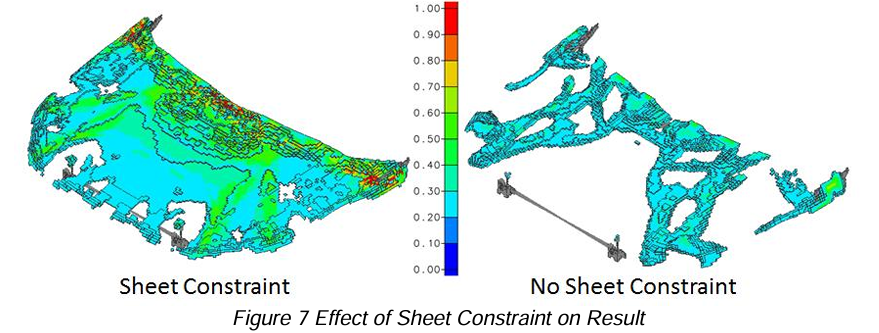 Figure 7 板金形状制約とフリー条件のトポロジー最適化結果比較
