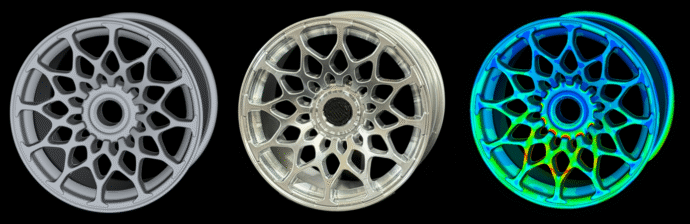 トポロジー最適化したホイールの3DCADデータと試作品とCAE解析結果の画像