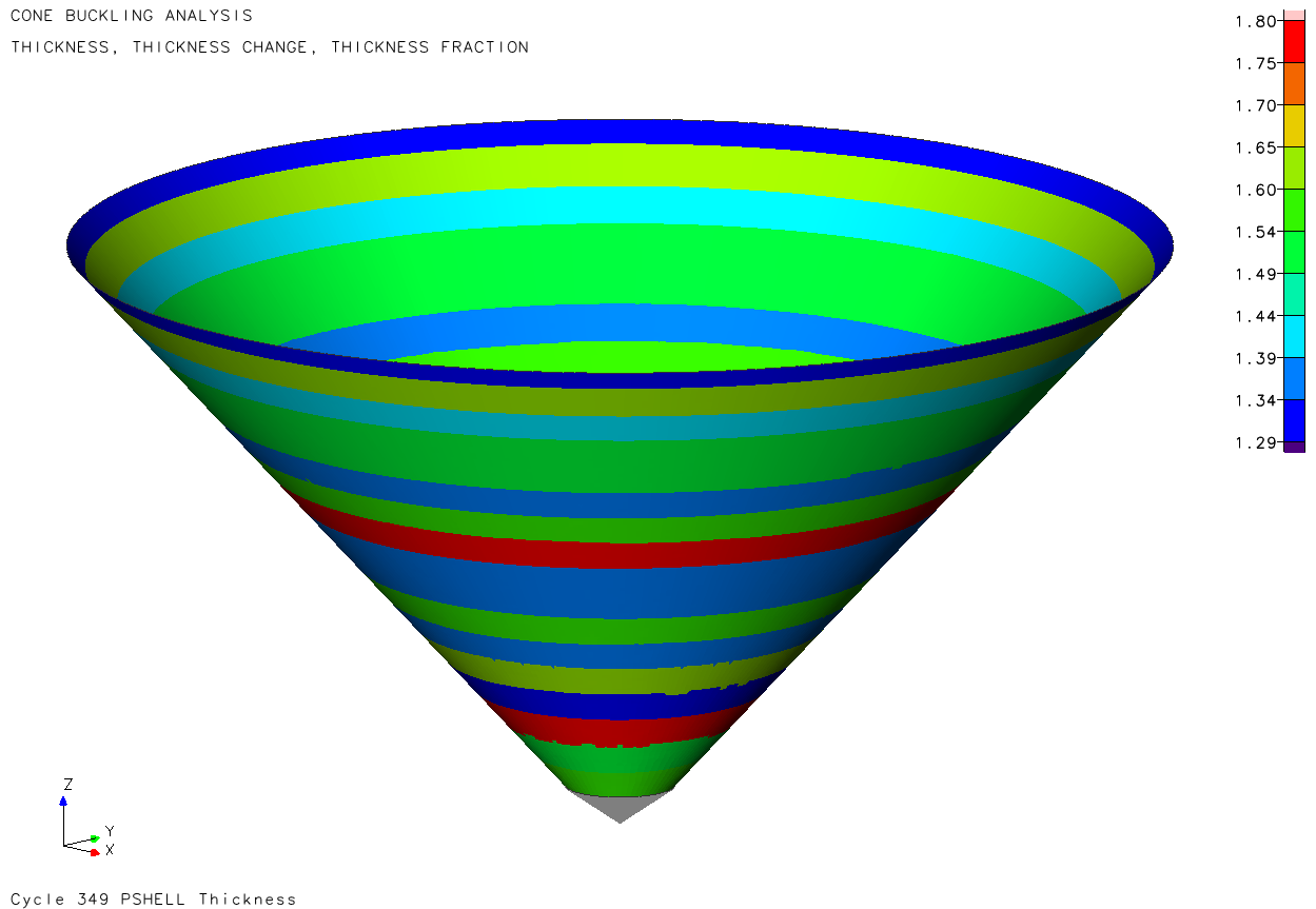 円錐殻の座屈に対するCAE最適化結果の板厚プロット