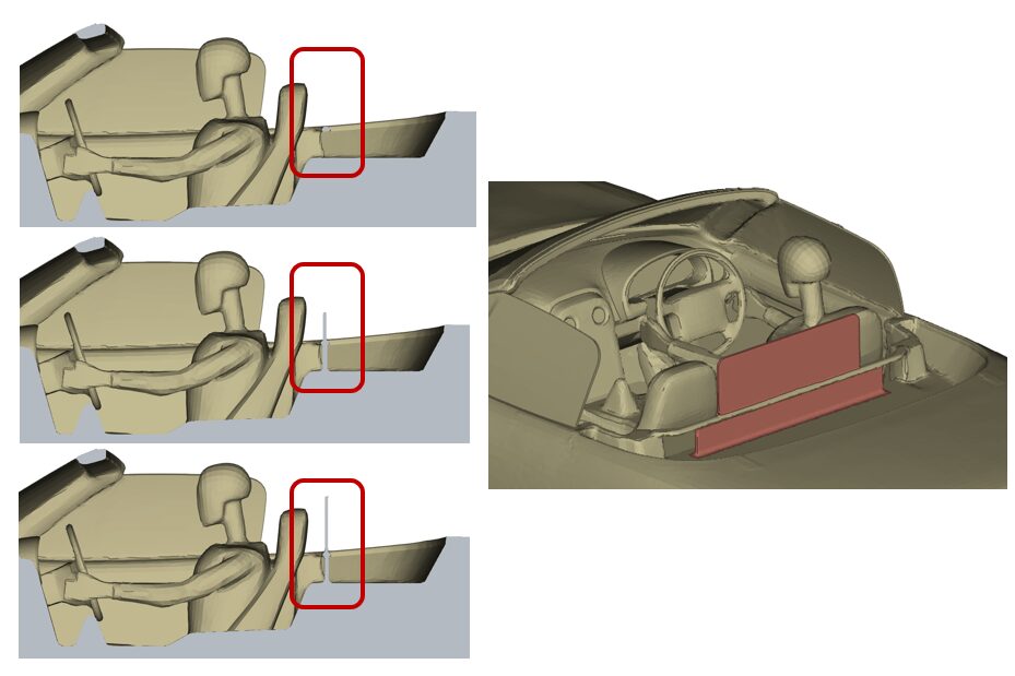 オープンカーの室内巻き込み風を抑えるためのデフレクター