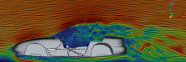 NAロードスターがオープン状態での車両センターの流速マップ。乱流がたくさん確認できる。