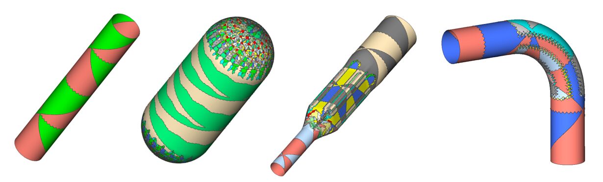 CAE用にフィラメントワインディングのモデル化したもの。タンク形状や異形断面、曲げパイプに対応できる。