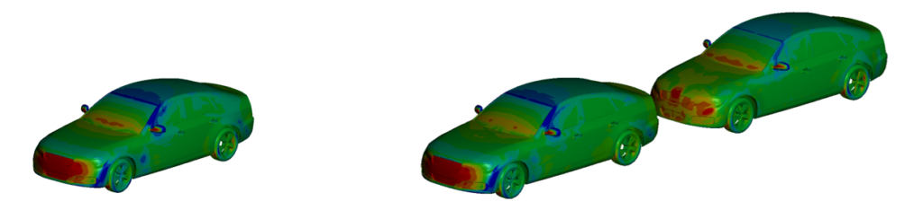 スリップストリームの空力検証結果。圧力分布が変化していることが確認できる