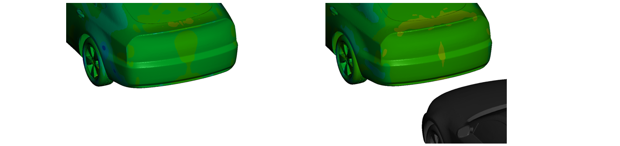 CFD解析受託事例。スリップストリームによる効果を圧力分布で証明したところ。先行車の背面部分圧力が上昇し、ドラッグ（抵抗）が低下していることが確認できる。