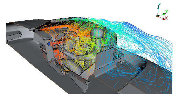 オープンカー室内エアフローのCFD解析結果。室内は十分暖かいことがわかる計算結果。