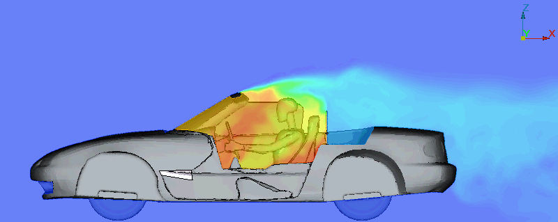 オープンカー車両センターの暖房エアフローCFD計算結果。カラーコンターは温度分布を示す。室内は暖かい空気で満たされている。