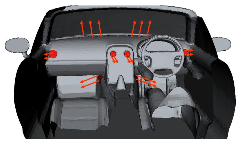 NAロードスターの暖房吹き出し口設定。50℃の風を合計40L/sで排出する設定とした。