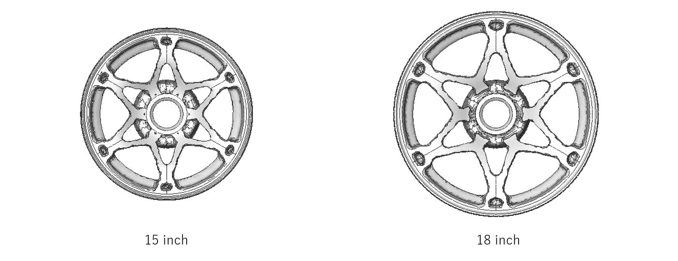 トポロジー最適化したホイール。クローニング制約により15インチと18インチのスポーク形状が同一になる。