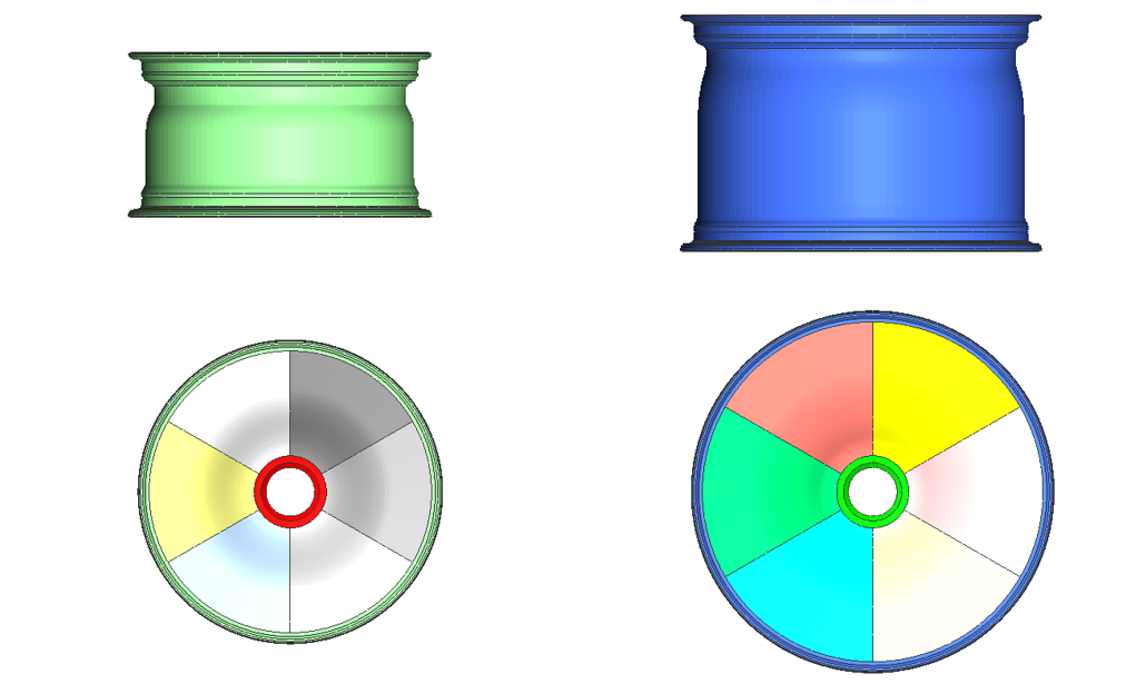 トポロジー最適化するためのサイズ違いホイール。15インチと18インチを同時に同形状に最適化する。