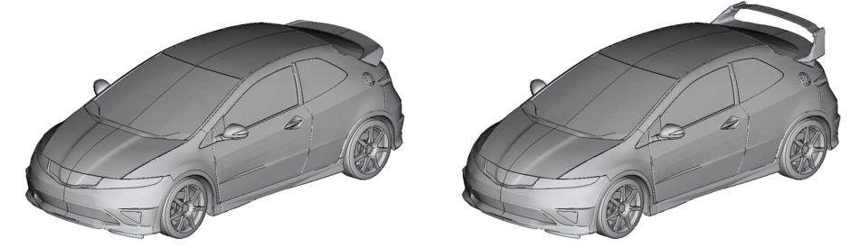 リアスポイラーの空力検証のために用意したスポイラーありとなしを再現したシビック