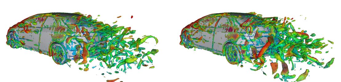リアスポイラーの効果検証CFD解析結果。Q値ISOサーフェスの表示。大きな違いは見られないが、流速線表示で見られたリアウィンドウの乱流が低減され、整流効果が確認できる。