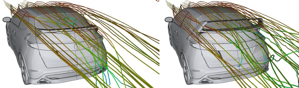 リアスポイラーの効果検証CFD解析結果。流速線の表示。リアスポイラーによりルーフ後端から先の流れが変化していることがわかる。リアウィンドウに見られる乱流が少し低減する清流効果も確認できる。
