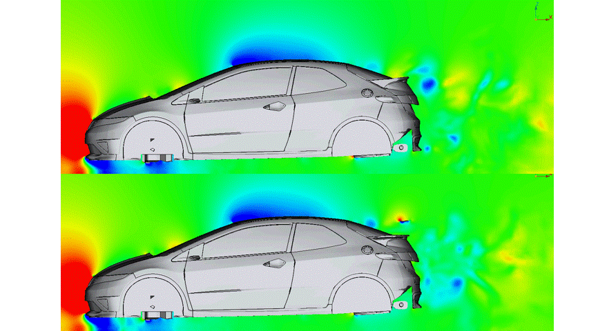 リアスポイラーの空力検証CFD解析結果を圧力で比較したアニメーション。