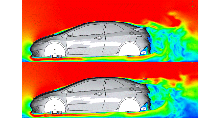 リアスポイラーの空力検証CFD解析結果を流速で比較したアニメーション。