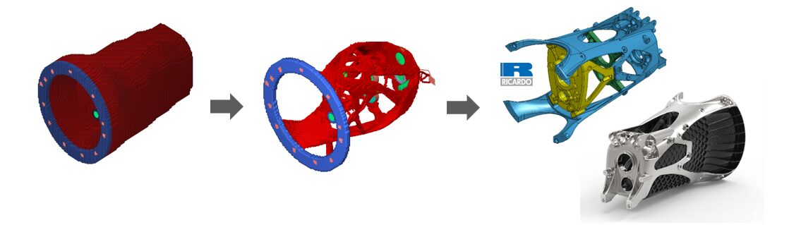 トランスミッションのトポロジー最適化事例画像。初期のトポロジー最適化結果と最終形状は全く違うように見えるが、主要なロードパスをキープすることを重要視している。