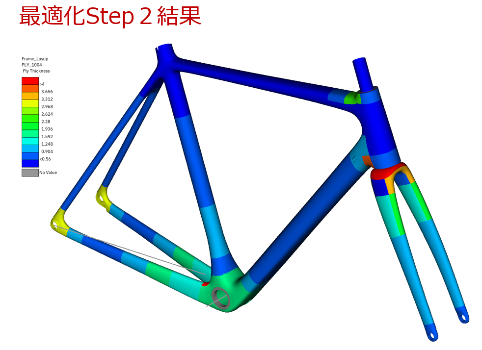 ユーザーパターン定義したCFRPロードバイクの積層最適化結果